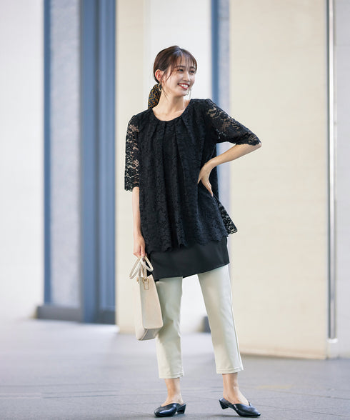 【アウトレット】スカラップレースチュニックブラウス