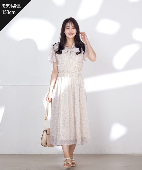 【アウトレット】花柄ボウタイフレアワンピース