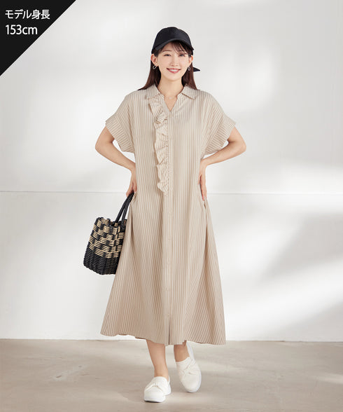 ストライプフリルシャツワンピース