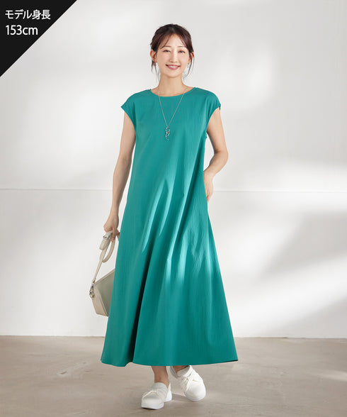 ウエストリボンフレンチスリーブマキシワンピース