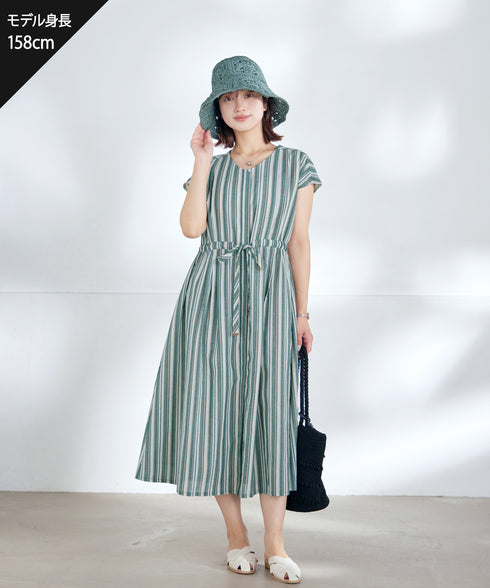 麻調前開きフレンチワンピース