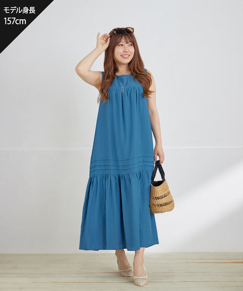 【洗える】麻調ピンタックロングワンピース