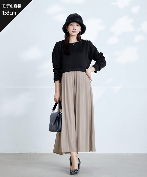 肩ビジュー裏起毛ドッキングワンピース