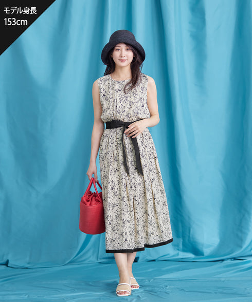 【アウトレット / 袖が選べる】配色モノクロ花柄ワンピース