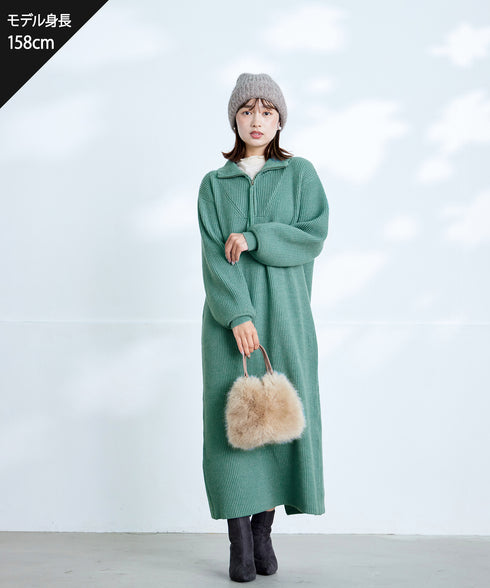 【クリアランスセール】ハーフジップリブニットワンピース