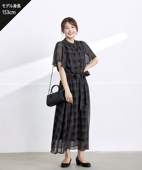 【新色追加】チェック柄フレア袖シアーワンピース
