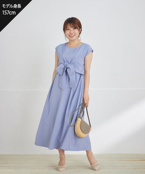 ウエストリボンフレンチスリーブマキシワンピース