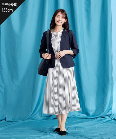 【2WAY】バンドカラーストライプリボンワンピース