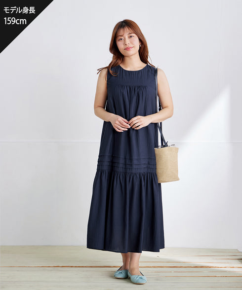 【洗える】麻調ピンタックロングワンピース