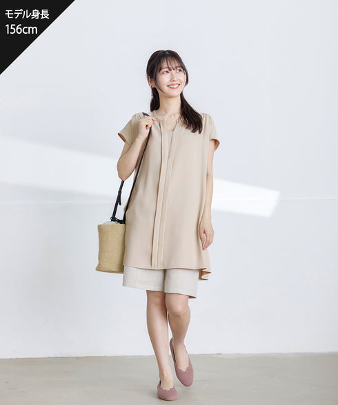 【アウトレット】フレンチスリーブキーネックシャツチュニックブラウス
