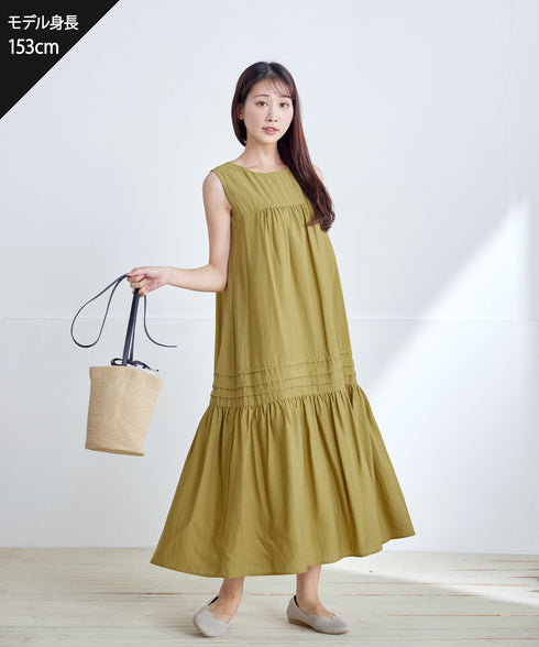 【小倉優子さん着用・洗える・XSサイズ】麻調ピンタックロングワンピース