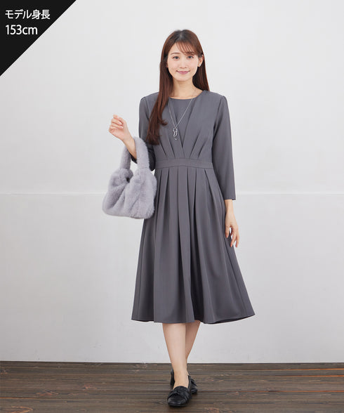 【おのののかさん着用/半袖&長袖選べる袖丈】タックフレアワンピース