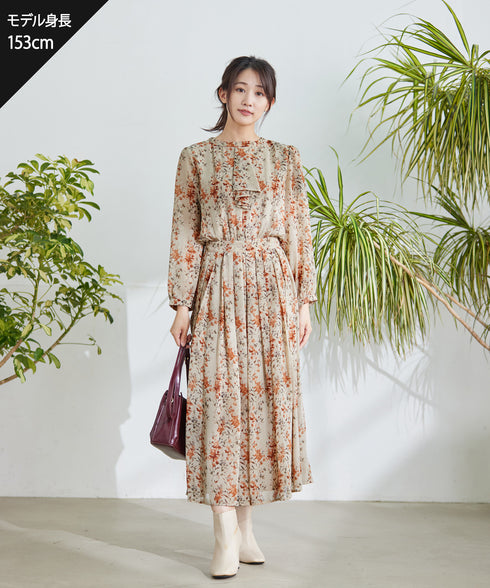 【新色追加】花柄フリルドレープワンピース