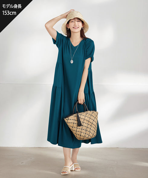 【小倉優子さん着用・洗える・接触冷感・汗ジミ防止】“サマさまカットソー”サイドティアードワンピース