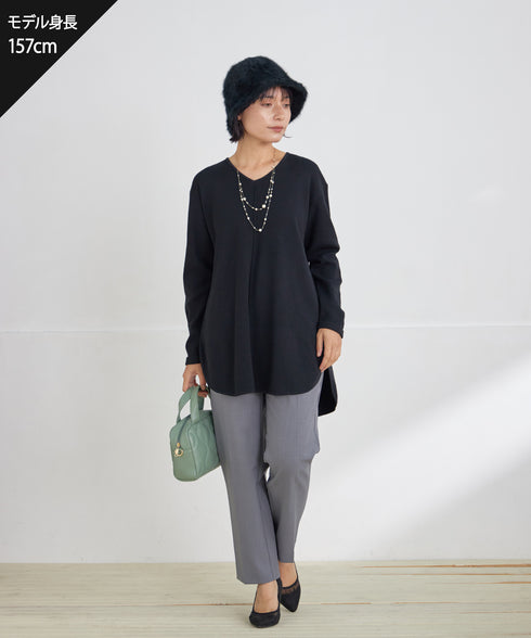 【安田美沙子さん着用】シンプルできれいシルエット、ラウンドヘムニットチュニック