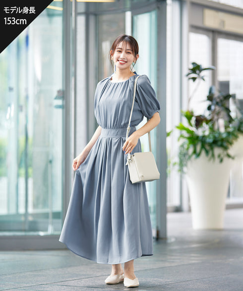 【アウトレット】麻調ギャザーフレアワンピース