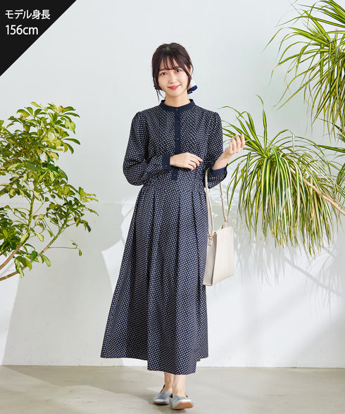 【新色追加】配色バンドカラー幾何学柄ワンピース