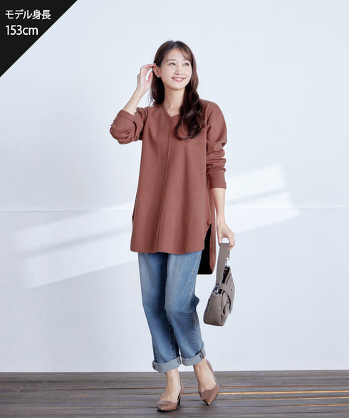 【安田美沙子さん着用】シンプルできれいシルエット、ラウンドヘムニットチュニック