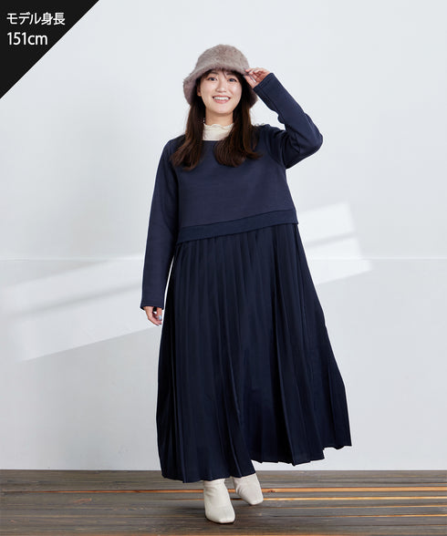 肩ビジュー裏起毛ドッキングワンピース