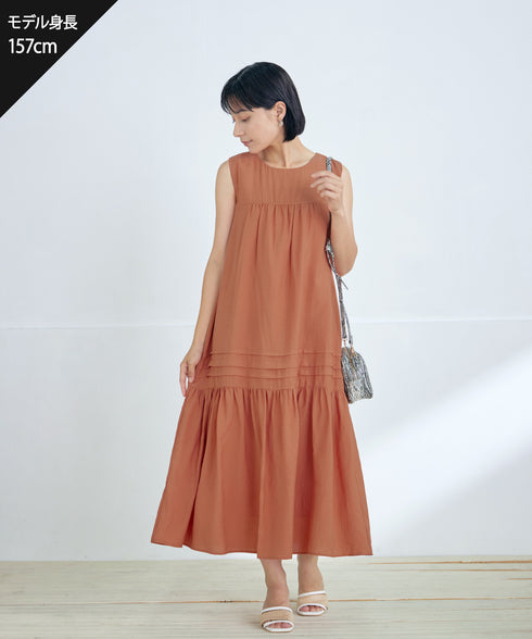 【小倉優子さん着用・洗える・XSサイズ】麻調ピンタックロングワンピース