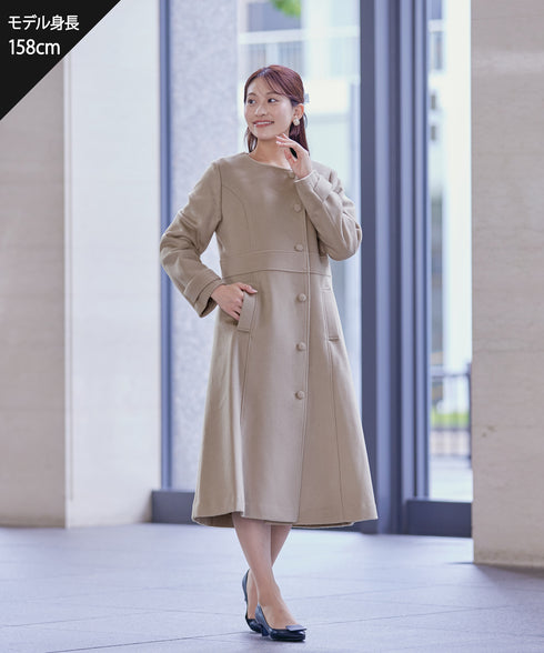 【ウール95%】ノーカラー包みボタンAラインコート