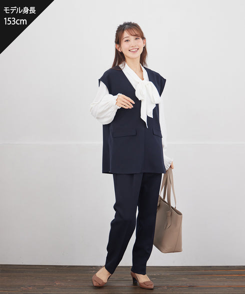 【ブラウス&ベスト&パンツ3点セット】リボンタイブラウス+ベスト付き 3点セットアップ