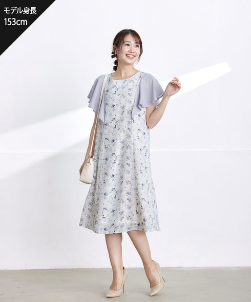 【アウトレット】フレアスリーブ花柄サックワンピース