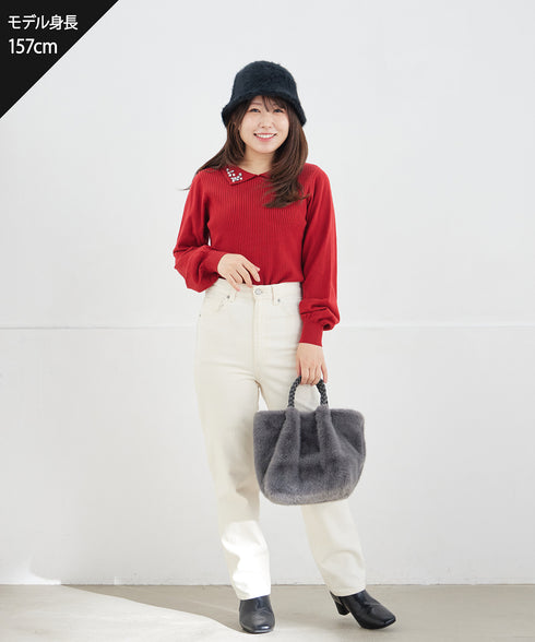 【クリアランスセール】襟ビジュー付きニットプルオーバー
