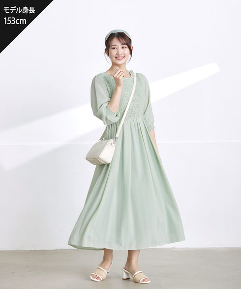 【アウトレット】シャーリングパフスリーブシアーワンピース