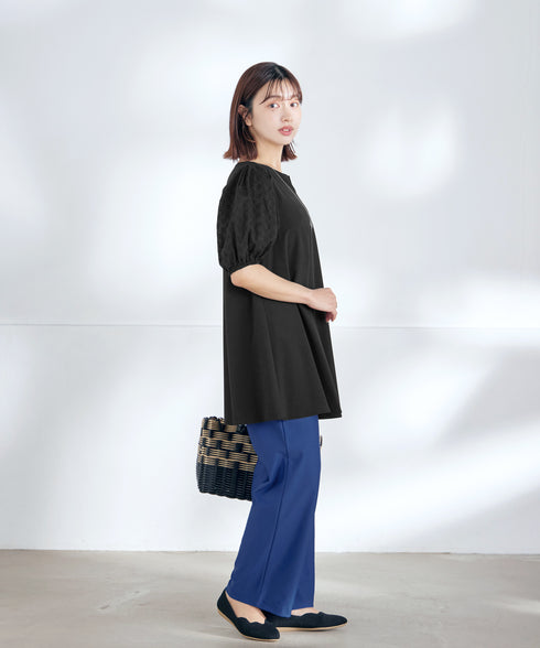 【2TYPE/総レース・袖レース】パンチングレースパフスリーブチュニックブラウス
