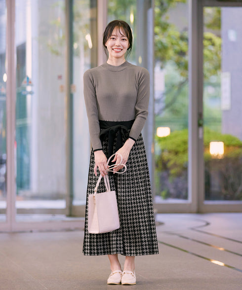 【アウトレット】千鳥柄ニットプリーツワンピース