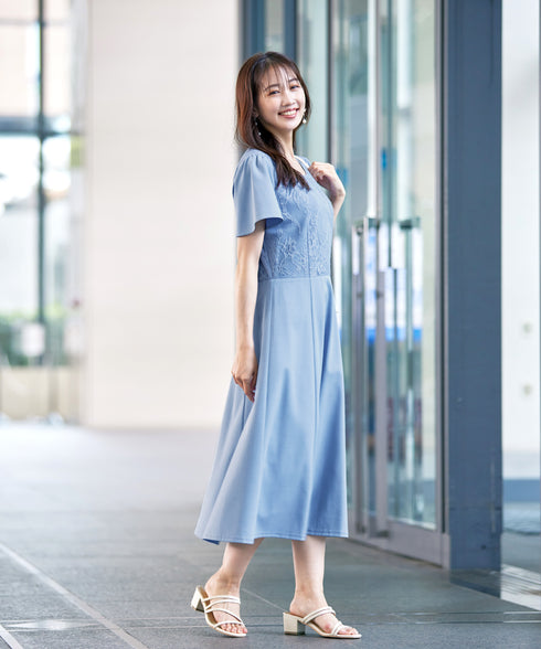 【アウトレット】フレアスリーブレースコンビワンピース