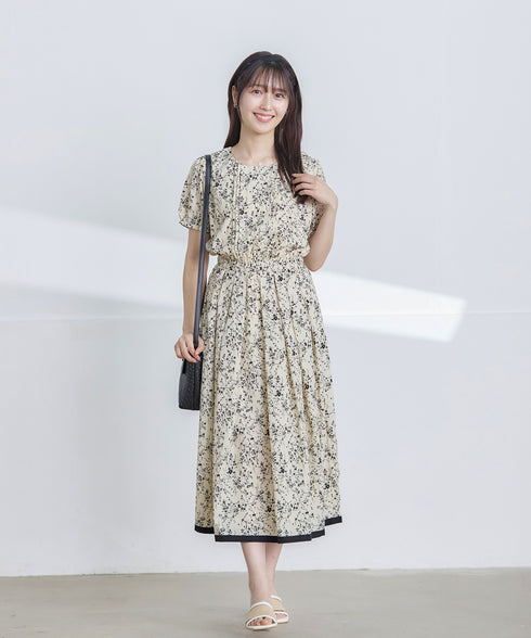 【アウトレット / 袖が選べる】配色モノクロ花柄ワンピース