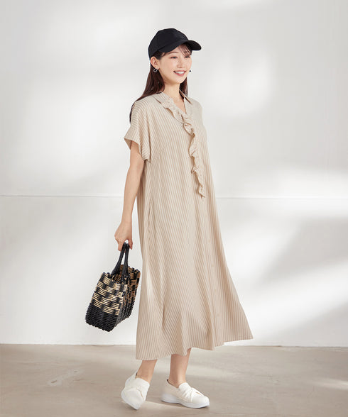 ストライプフリルシャツワンピース