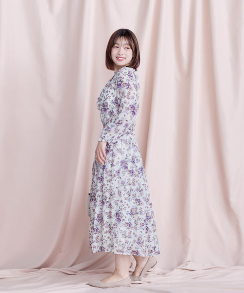 【新色追加】花柄フリルドレープワンピース
