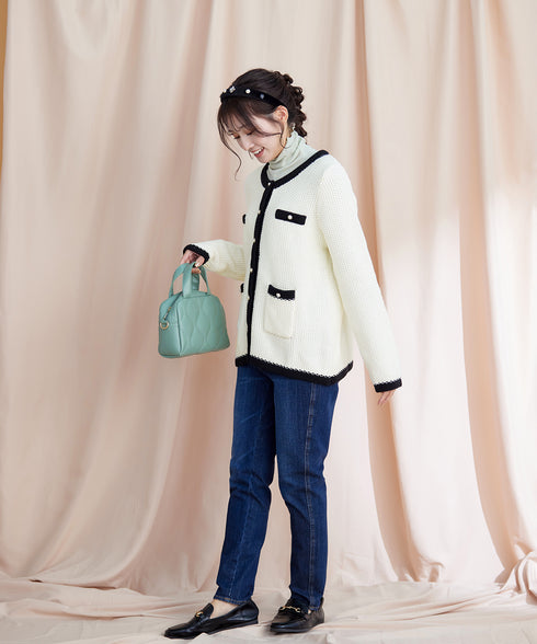 【アウトレット】ミドル丈配色ノーカラーニットジャケット