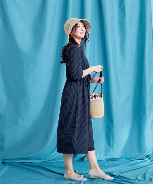 【新色追加】配色キーネックストライプワンピース