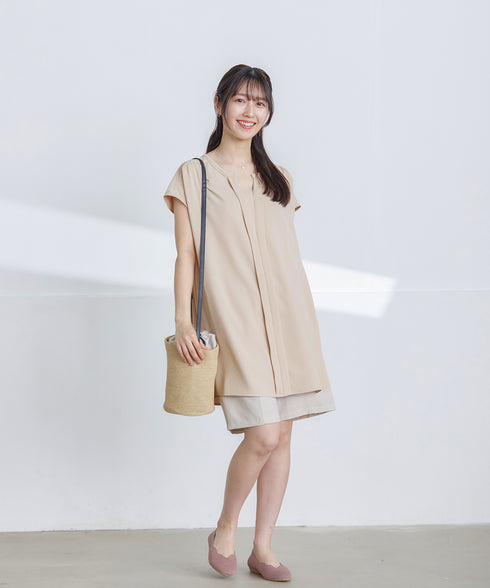 【アウトレット】フレンチスリーブキーネックシャツチュニックブラウス