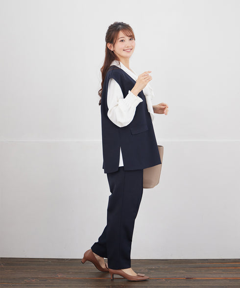 【ブラウス&ベスト&パンツ3点セット】リボンタイブラウス+ベスト付き 3点セットアップ