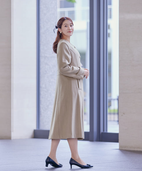 【ウール95%】ノーカラー包みボタンAラインコート