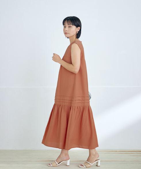 【洗える】麻調ピンタックロングワンピース