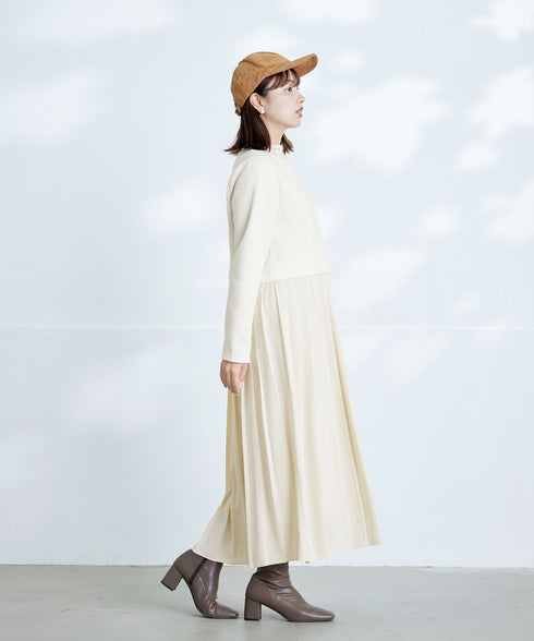 肩ビジュー裏起毛ドッキングワンピース