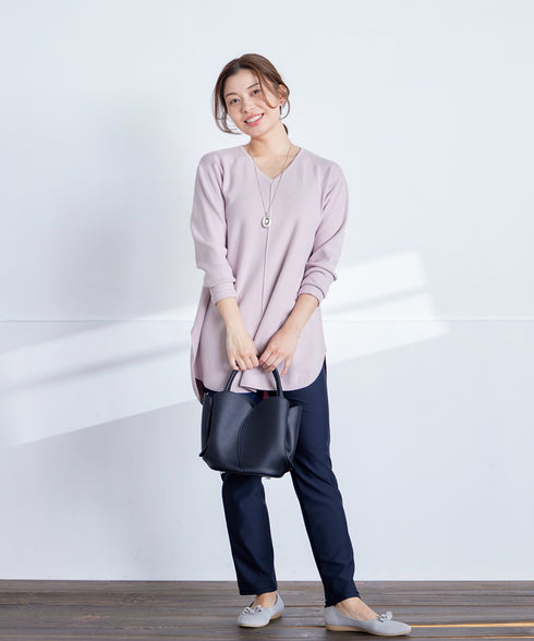 【安田美沙子さん着用】シンプルできれいシルエット、ラウンドヘムニットチュニック