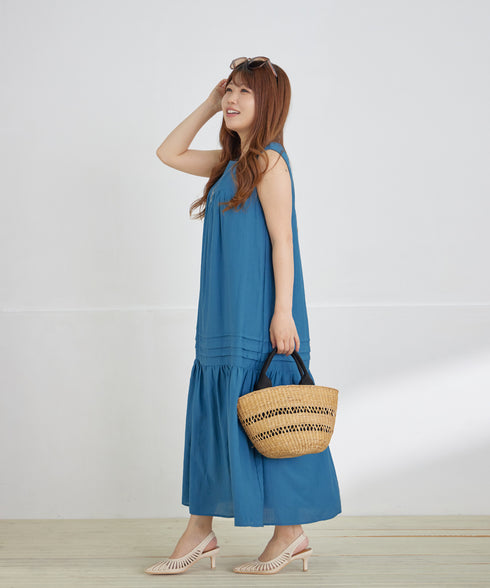 【洗える】麻調ピンタックロングワンピース
