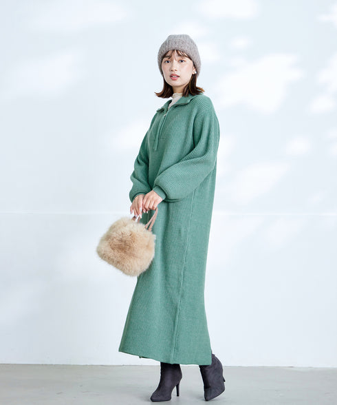 【クリアランスセール】ハーフジップリブニットワンピース