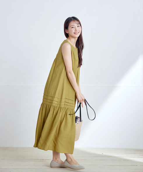 【洗える】麻調ピンタックロングワンピース