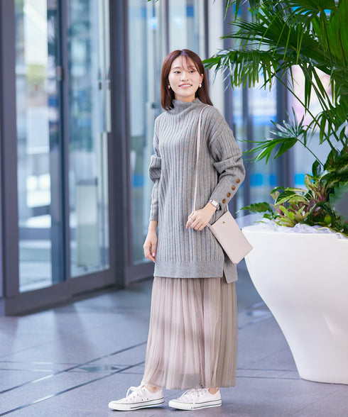 【アウトレット】袖ボタンメランジニットチュニック