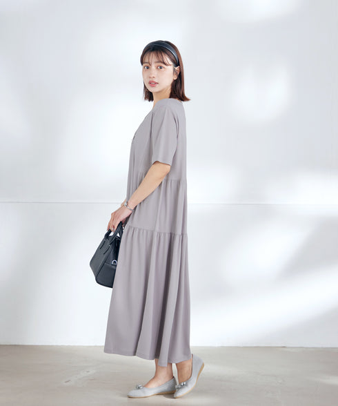 【小倉優子さん着用・洗える・接触冷感・汗ジミ防止】“サマさまカットソー”サイドティアードワンピース