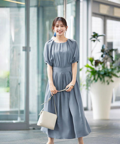 【アウトレット】麻調ギャザーフレアワンピース