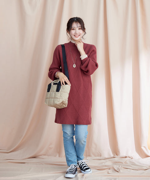 【アウトレット】リボン衿配色ニットワンピース